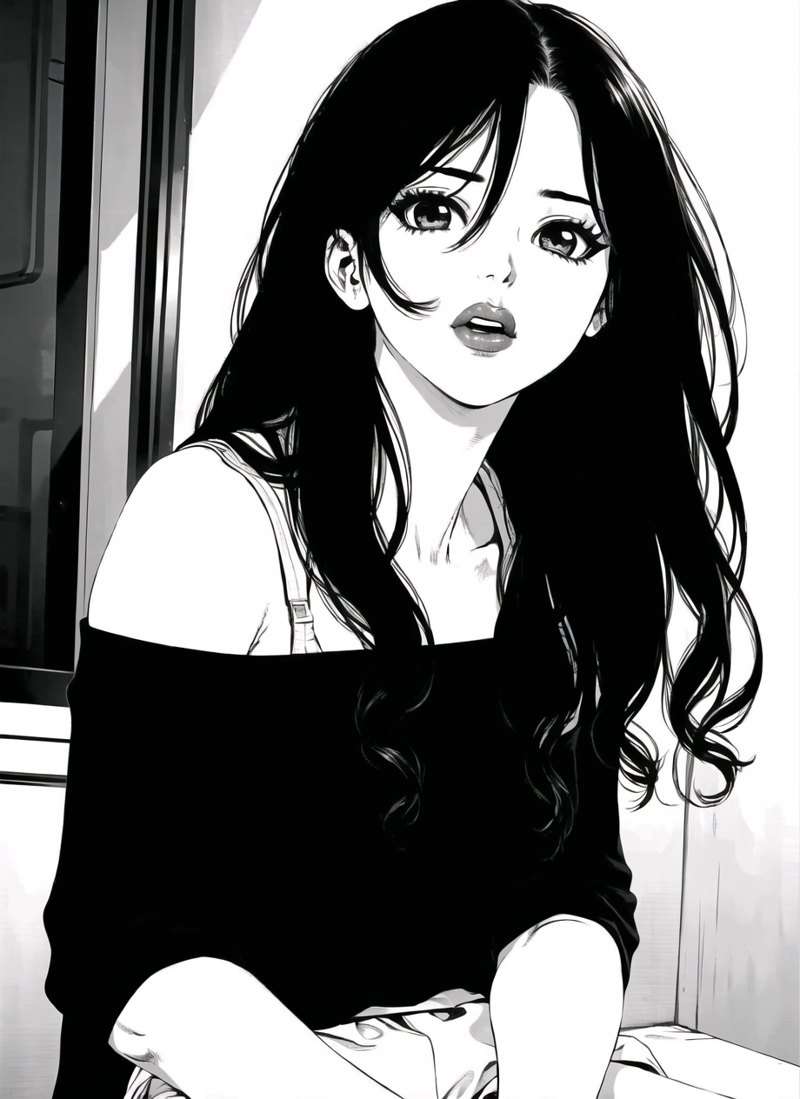 3978521204-3690578509-boichi manga style, 1girl, monochrome greyscale, solo, sitting, long hair, upper body, ((masterpiece)).png